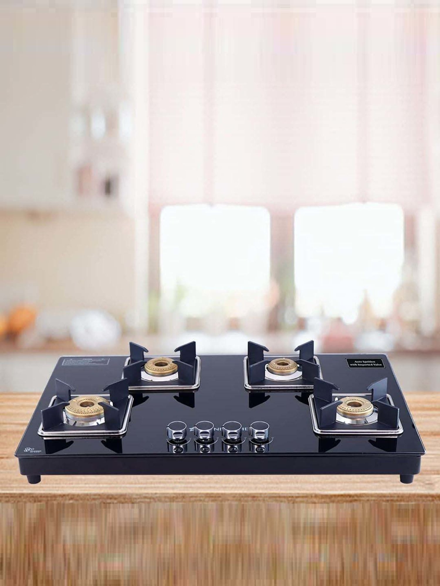 Wonderchef Octavia 4 Burner 8mm Toughened Glass Top Auto Cooktop with Forged Brass Burners (Black)