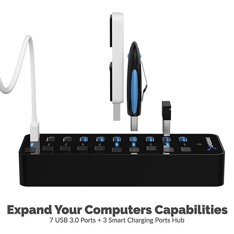 60W 10-Port USB 3.0 Hub Includes 3 Smart Charging Ports with Individual Power Switches and LEDs + 60W 12V/5A Power Adapter (HB-B7C3)