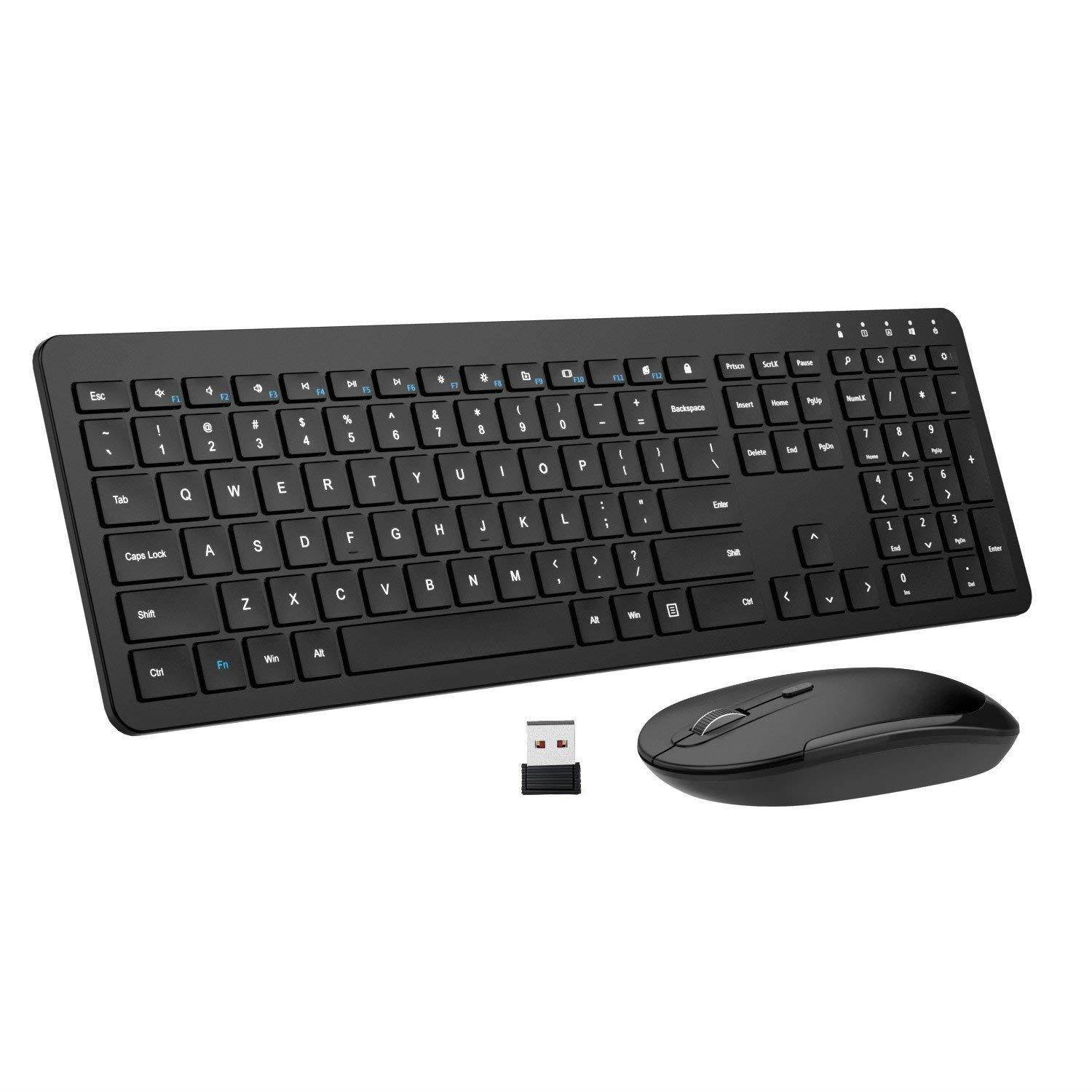 MoKo Slim Keyboard and Mouse Set, Ultra-thin 2.4G Light Full-Size Wireless Keyboard & Mouse Combo with Nano USB Receiver for Android, Windows, Laptop, Desktop, PC, Notebook, Computer - Black