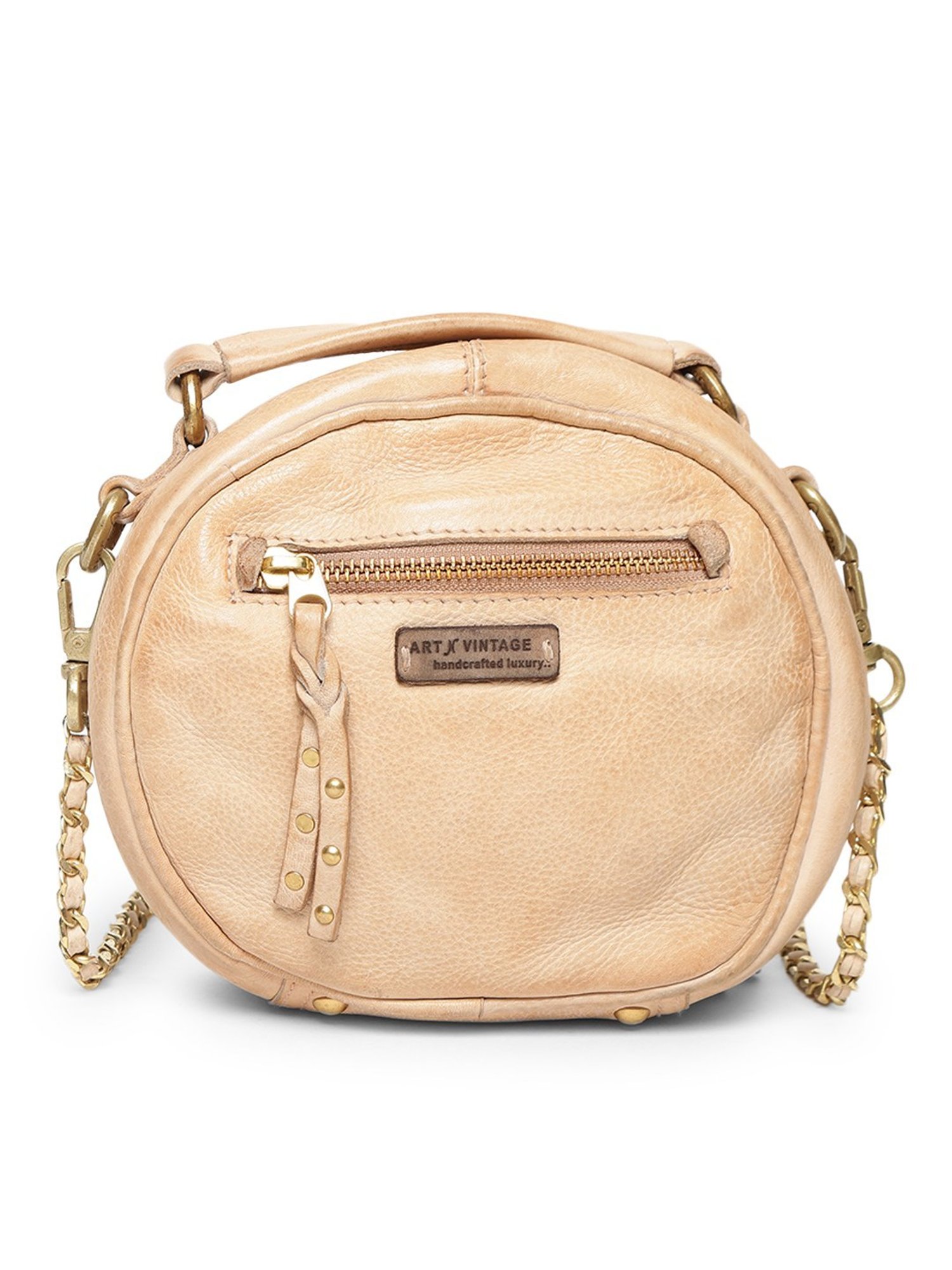 Art N Vintage Rivet & Concho Cream Leather Embellished Small Handbag