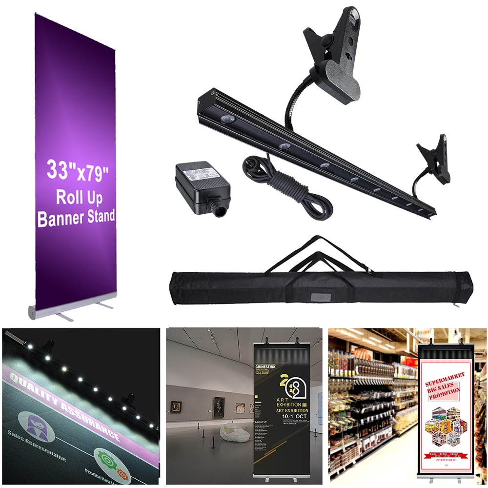 Aluminum 33x79" Retractable Roll Up Banner Stand LED Light Kit with Bag Trade Show Signage Display