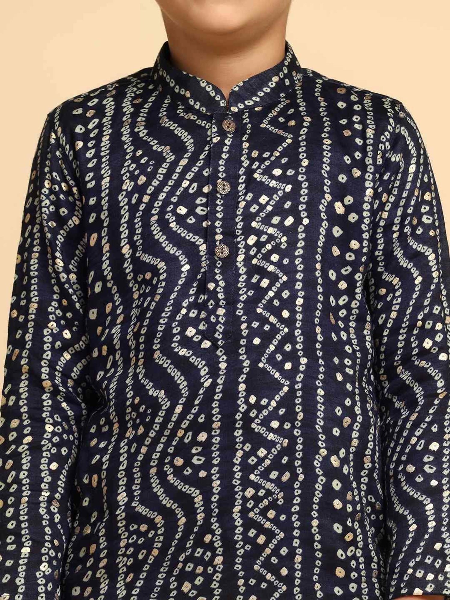 KISAH Kids Navy & White Cotton Printed Full Sleeves Kurta Set