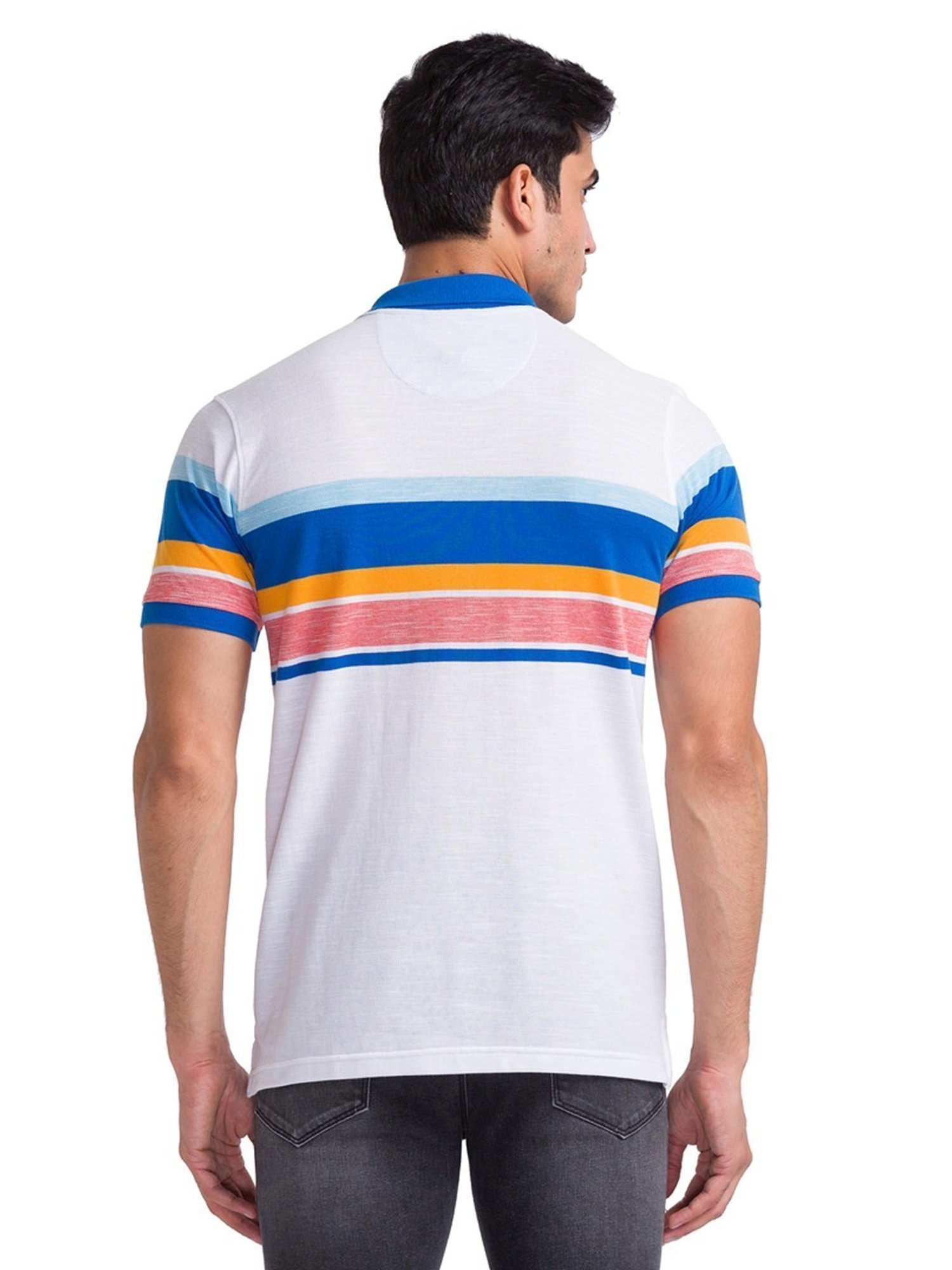 Park Avenue Blue Slim Fit Striped Polo T-Shirt