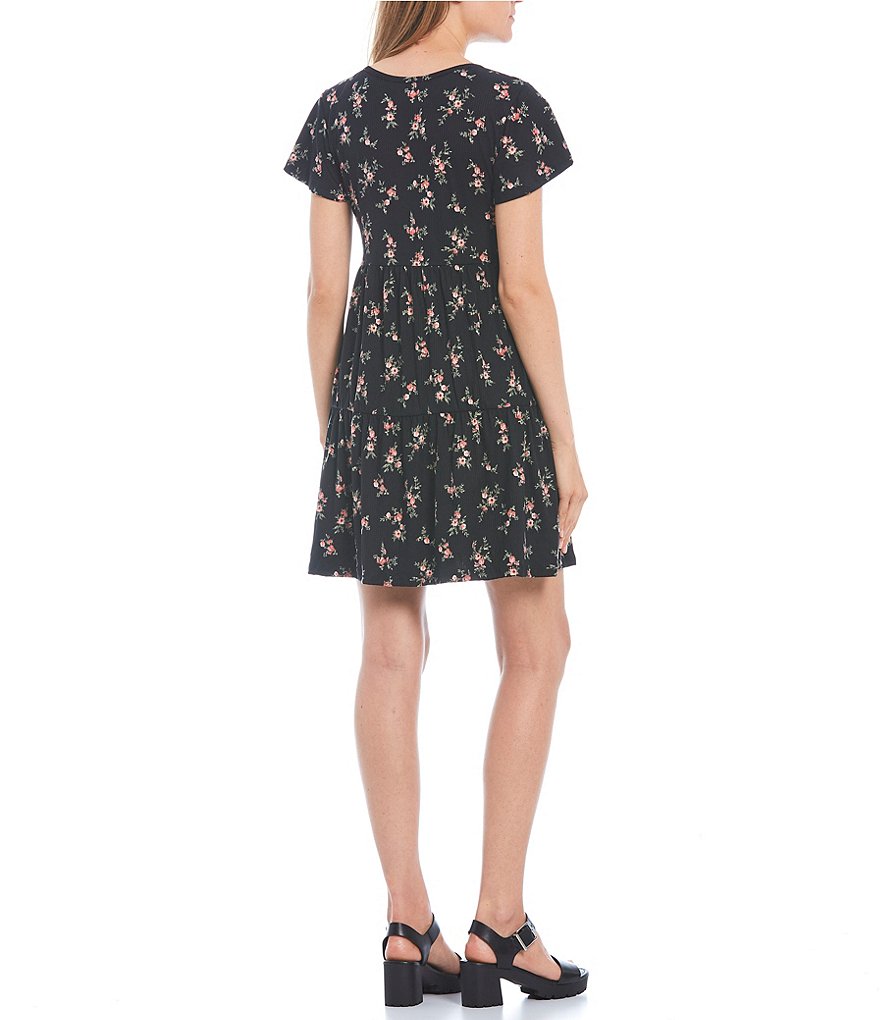 Good Luck Gem Ditsy Print Ribbed Knit Tiered Dress