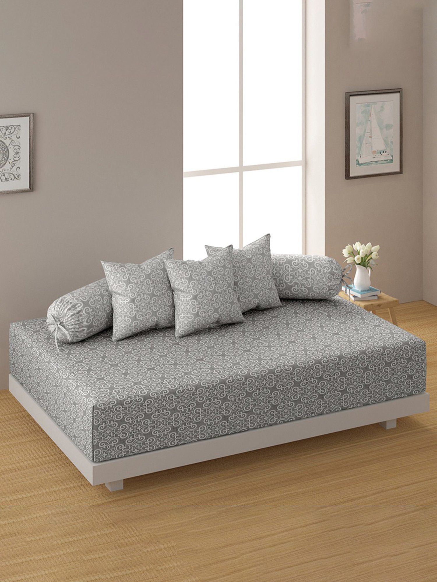 Swayam Ananda Geometric Grey Cotton Single Diwan Set