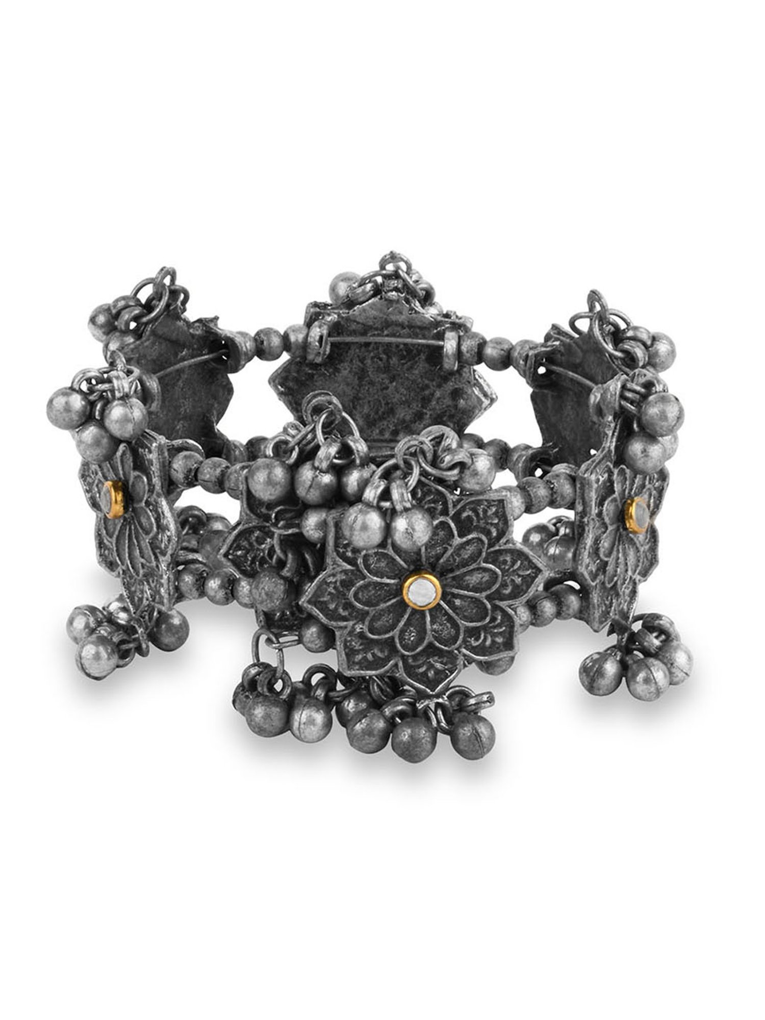 Fida Ethnic Silver-Plated Floral Adjustable Cuff Bracelet for Women