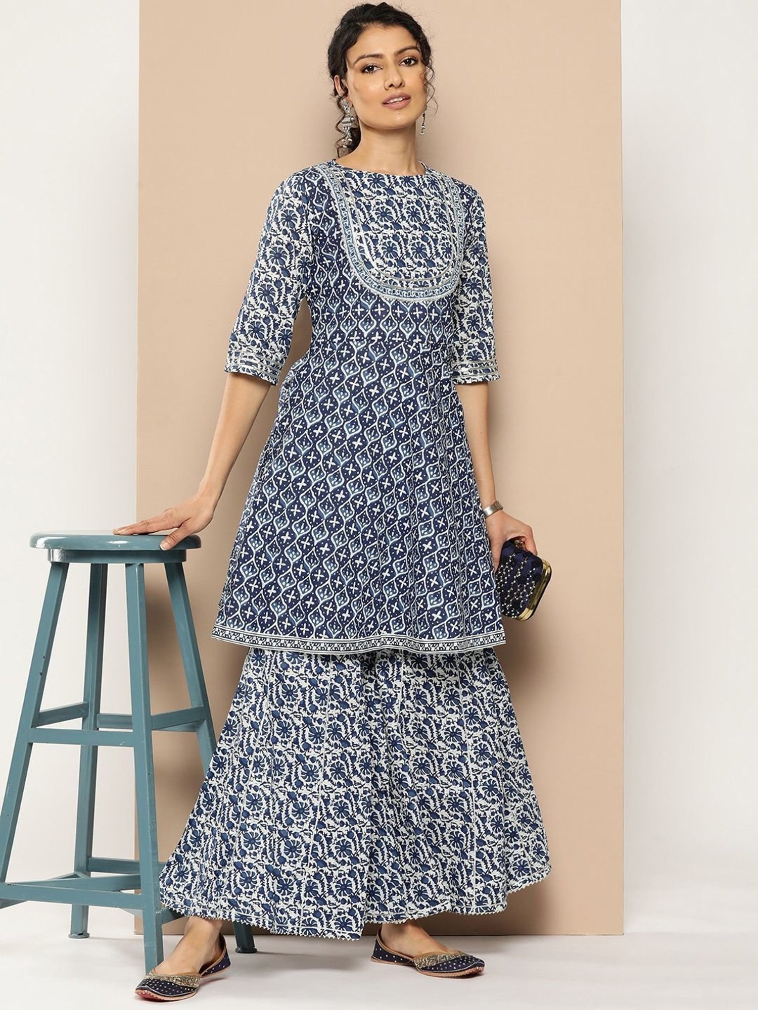 KSUT Blue Cotton Printed Kurti Sharara Set