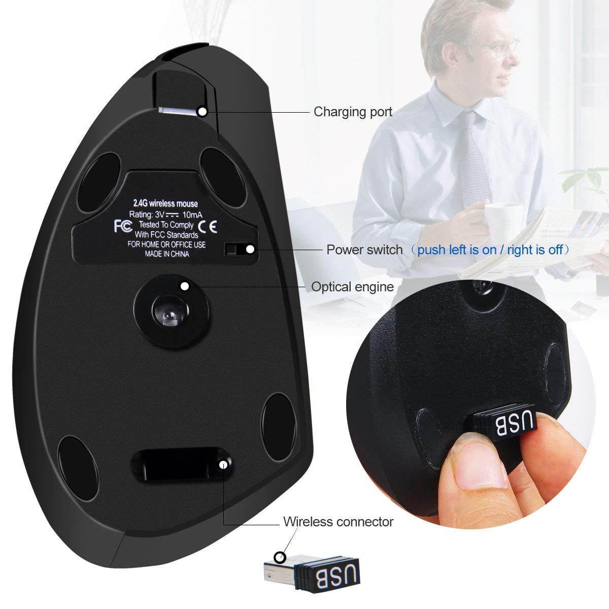 2.4G USB Wireless Vertical Mouse Rechargeable Ergonomic Optical Computer Mouse with 3 Adjustable DPI 1000/1200/1600 Levels 6 Buttons for Laptop, PC, Computer, Desktop, Notebook - Black