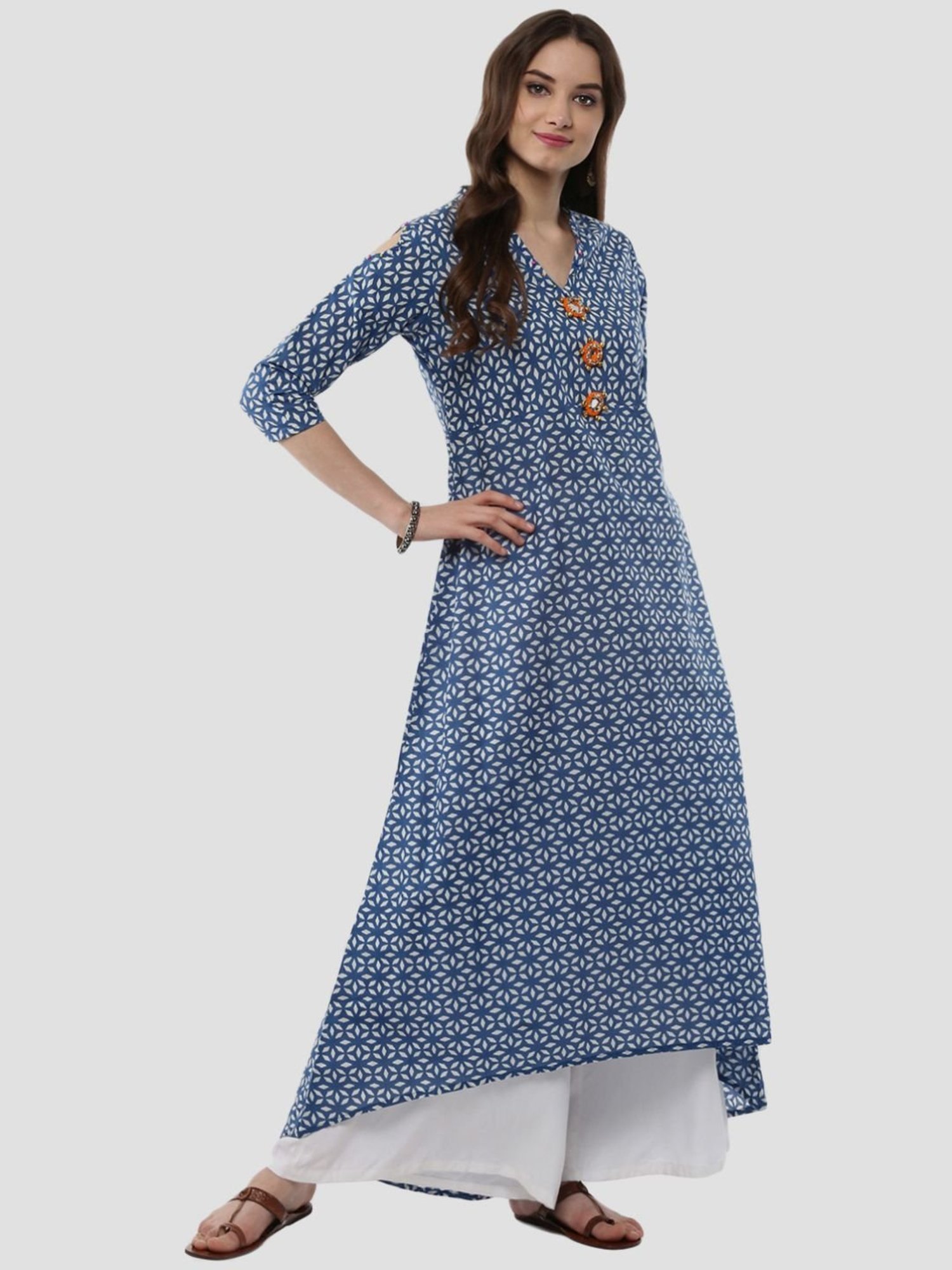 Sringam Blue Cotton Embellished A Line Kurta