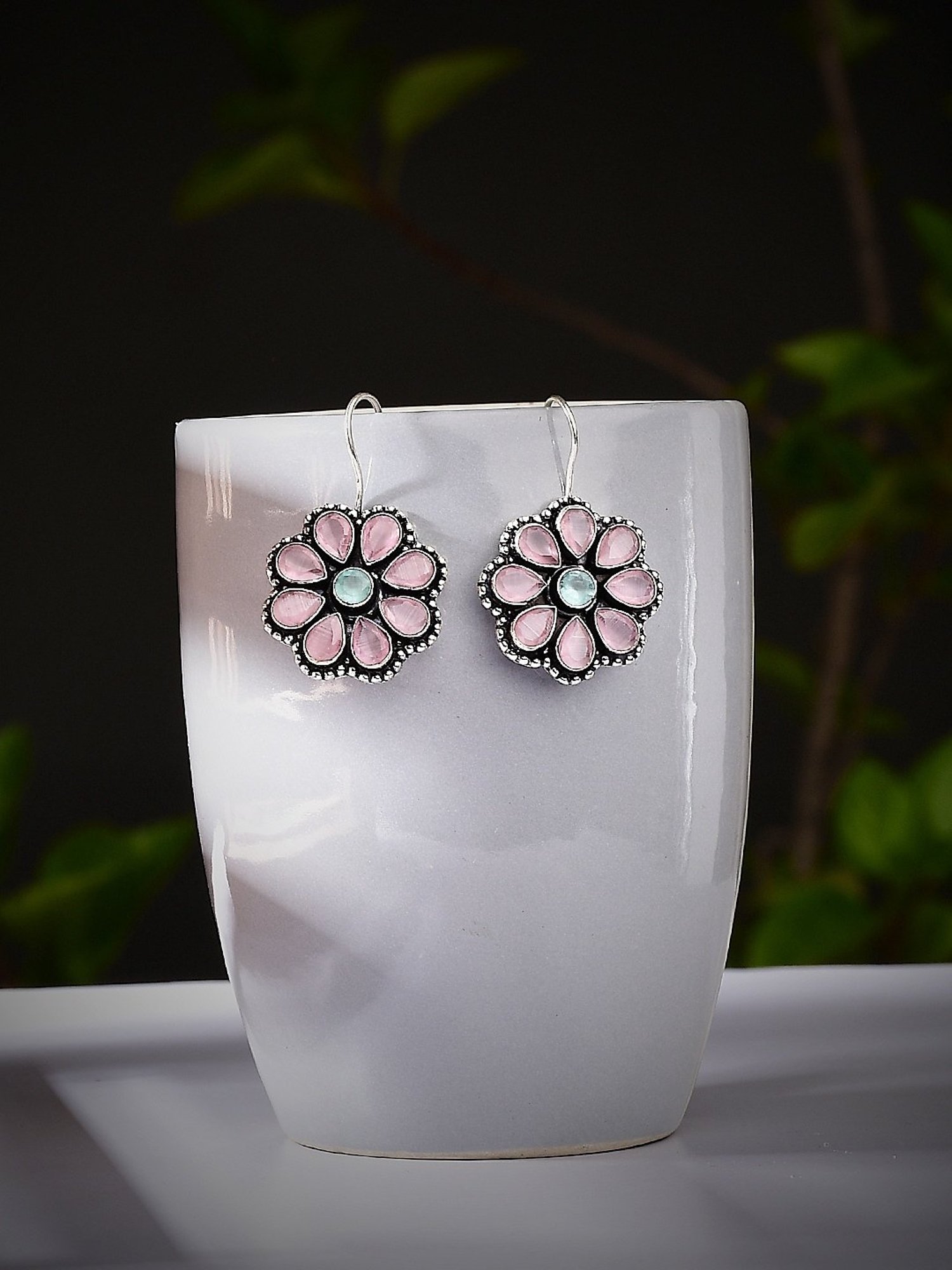 Imli Street Pink-Green Silver Tone Stone-Studded Handcrafted Drop Earrings