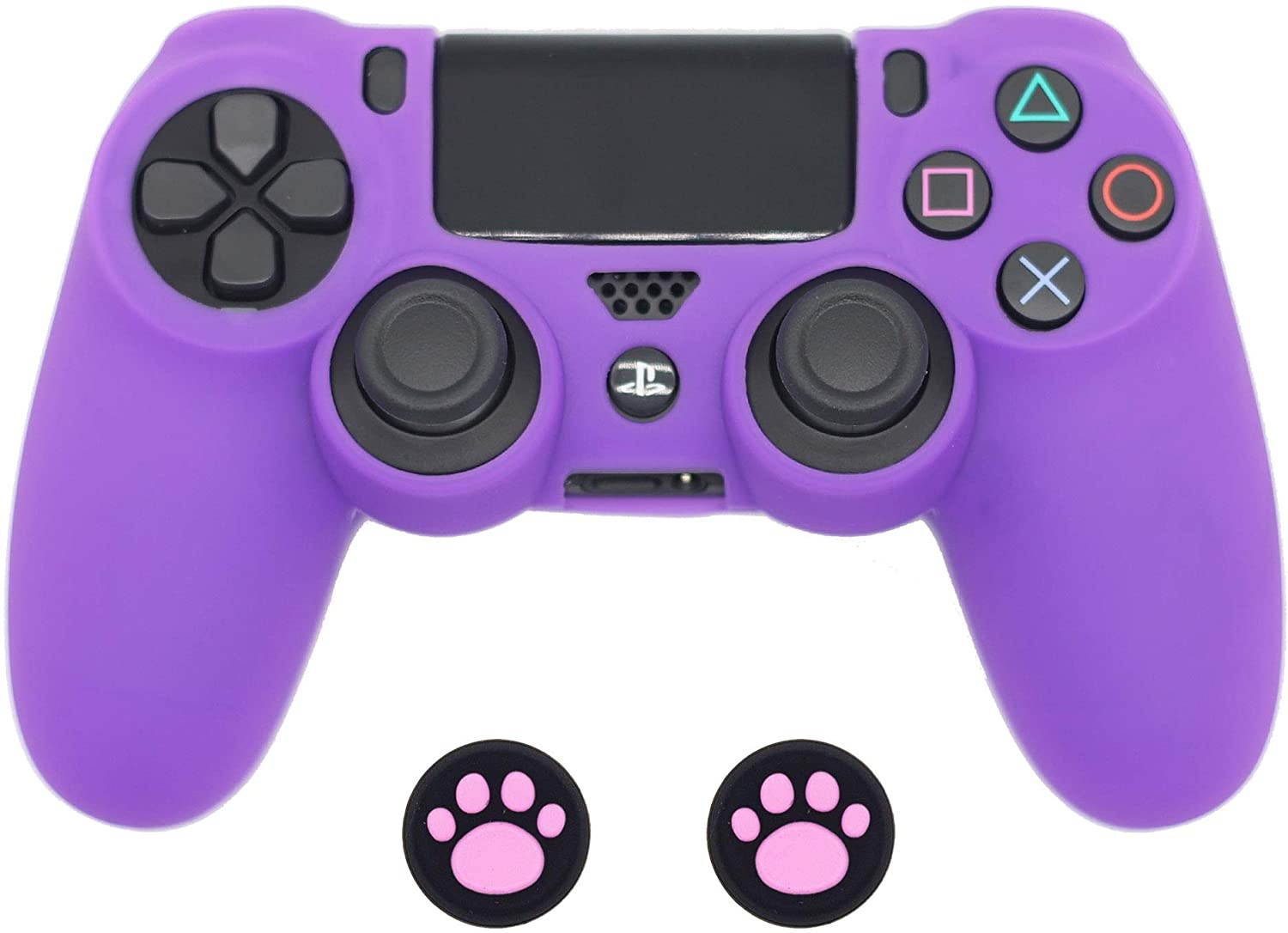 PS4 Controller Skin, BRHE Anti-Slip Grip Silicone Cover Protector Case Compatible with PS4 Slim/PS4 Pro Wireless/Wired Gamepad Controller with 2 Cat Paw Thumb Grip Caps (Purple)