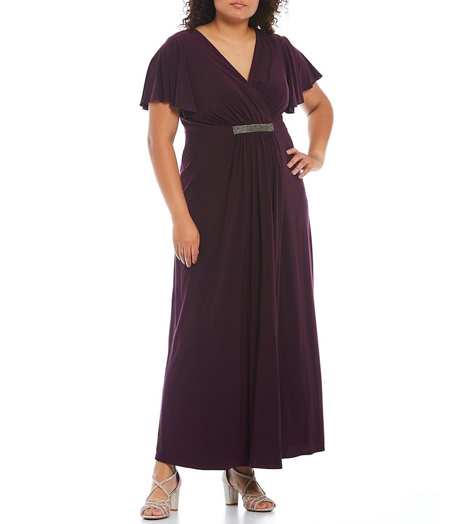 Ignite Evenings Plus Size V-Neck Flutter Short Sleeve Gown