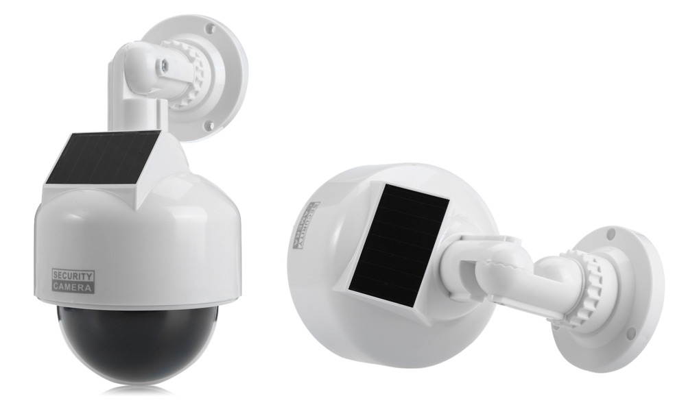 Solar Energy Realistic Dummy Dome Camera Surveillance Security with CCTV Sticker Blinking Red LED Light WHITE US Plug