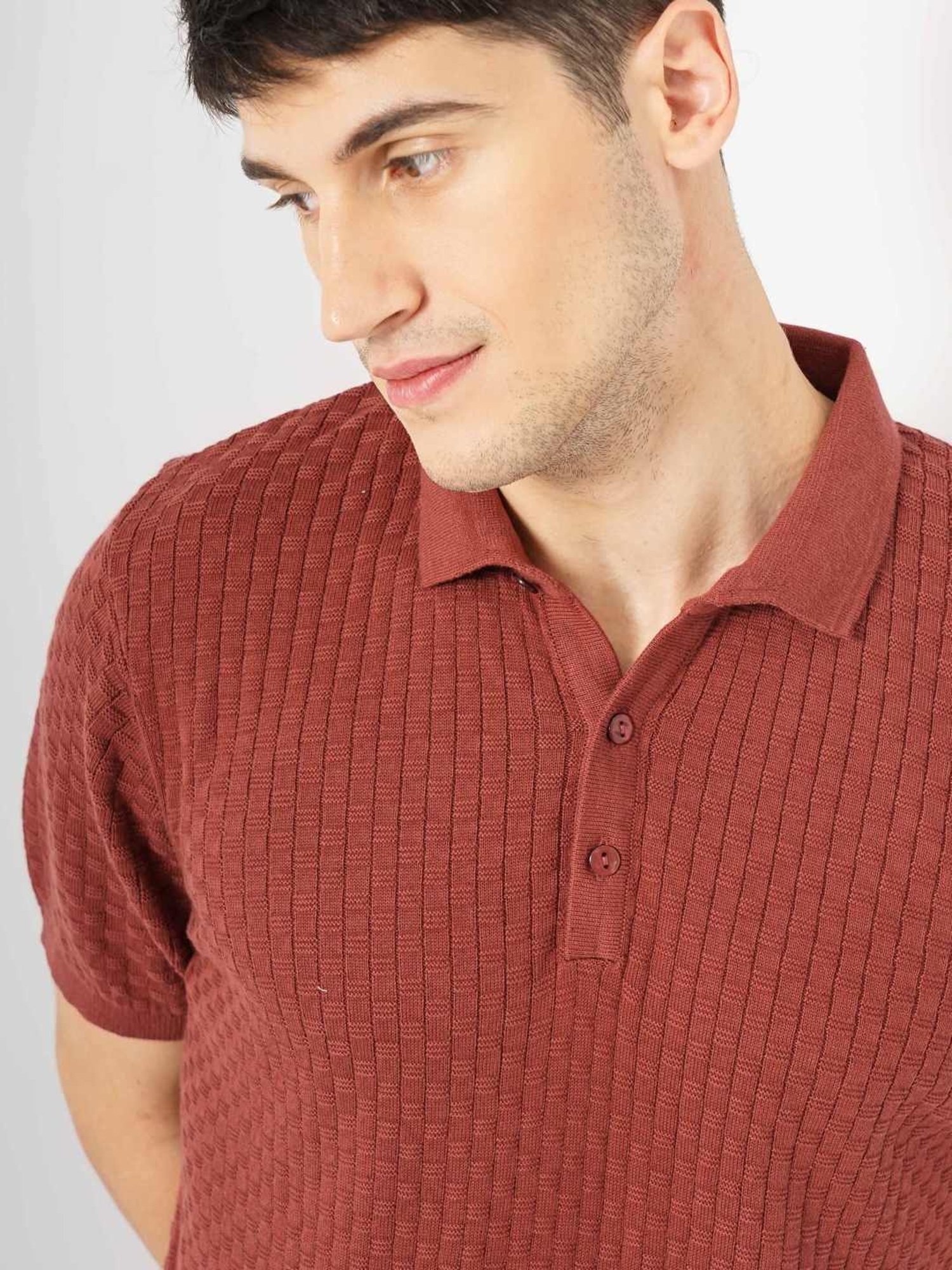 Celio Dk Brown Cotton Regular Fit Striped Polo T-Shirt