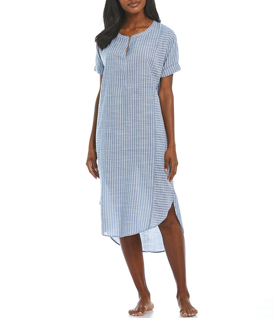 Nottibianche Dobby Striped Short Sleeve Split Round Neck Woven Caftan