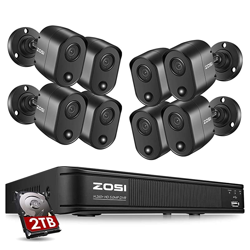 2K 5MP Home Security Camera System Outdoor Indoor, H.265+ CCTV DVR Recorder with Hard Drive 2TB and 8 x 2K(5MP) Surveillance Bullet Camera with PIR Motion Sensor (Heat and Motion), Remote Access