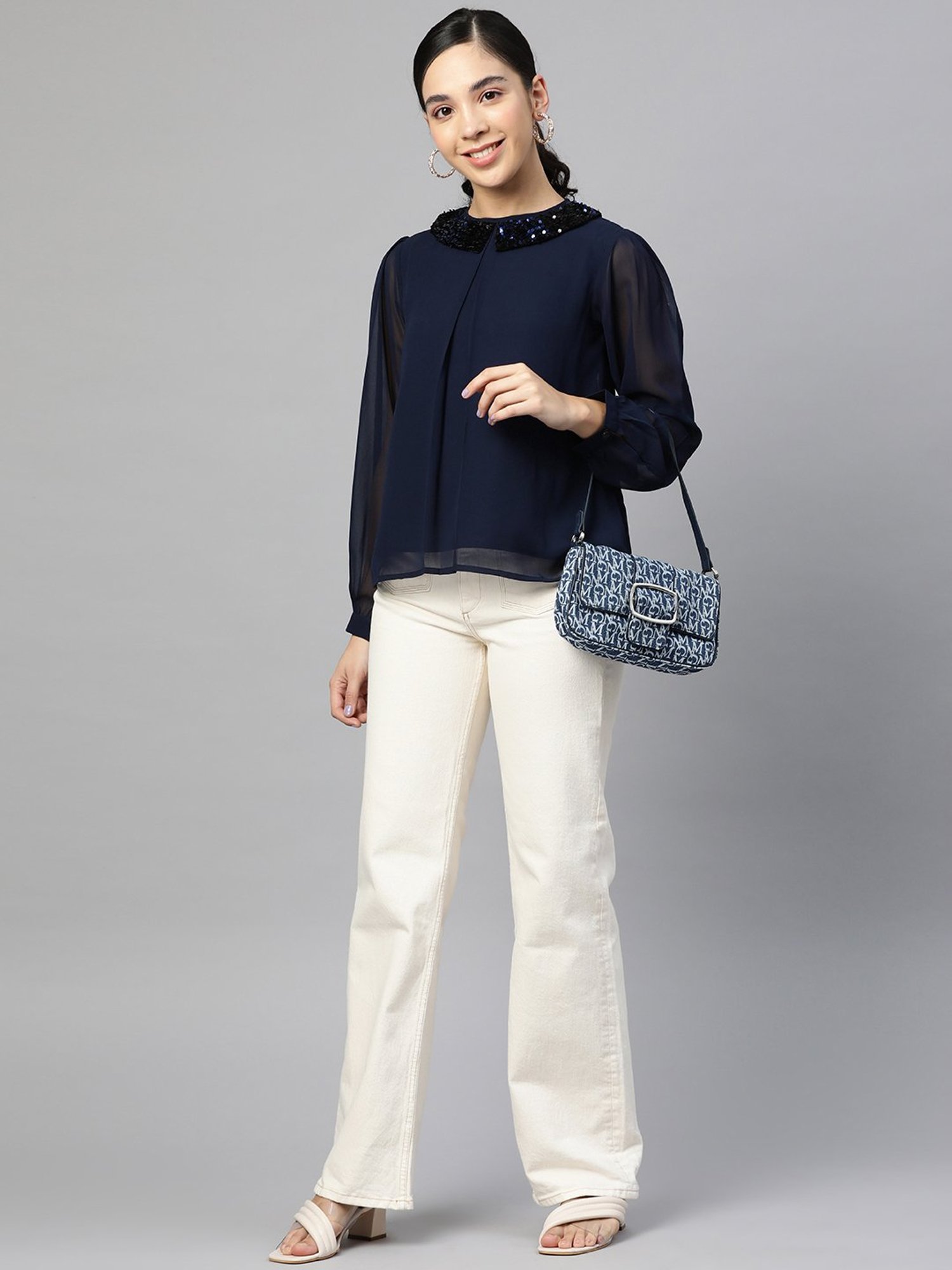 Cottinfab Navy Embroidered Georgette Top