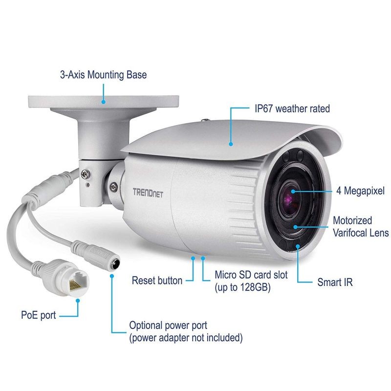 TRENDnet Indoor/Outdoor 4 MP, Motorized Varifocal PoE IR Network Camera, Auto-Focus, Optical Zoom, Digital WDR, Night Vision up to 98ft, IP66 Rated Housing, ONVIF, IPv6, TV-IP344PI