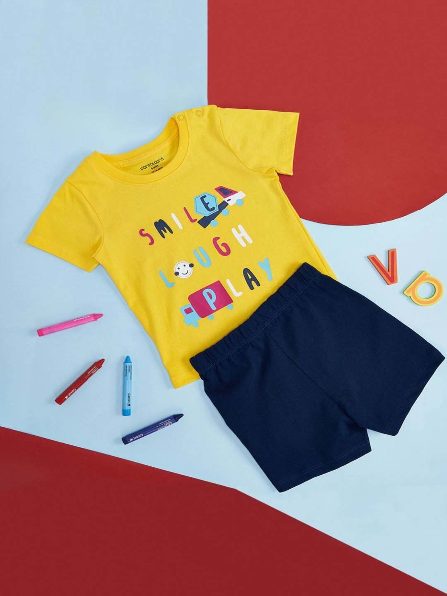 Pantaloons Baby Yellow & Navy Cotton Printed T-Shirt Set