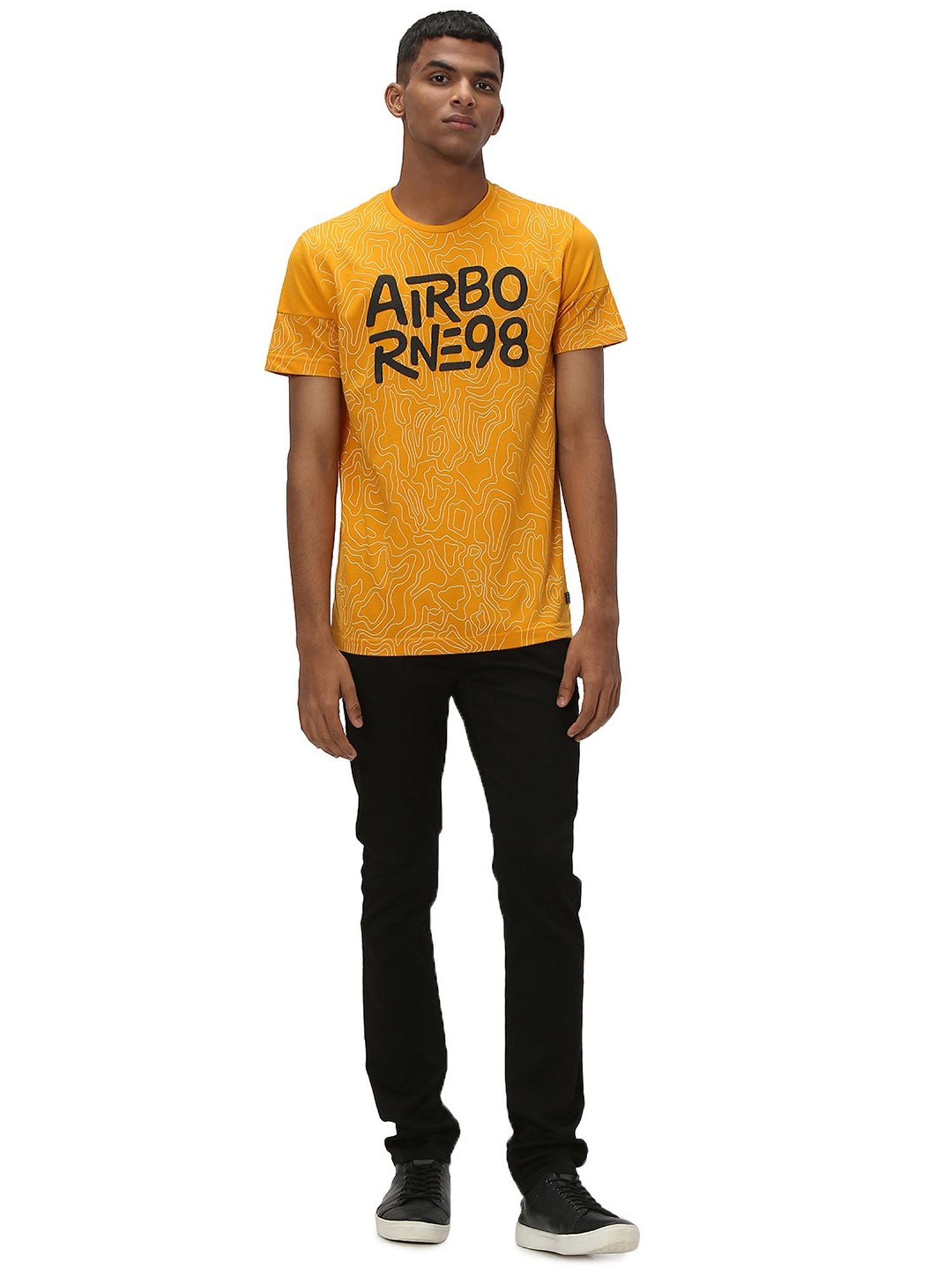 Mufti Mustard Slim Fit Printed Cotton Crew T-Shirt