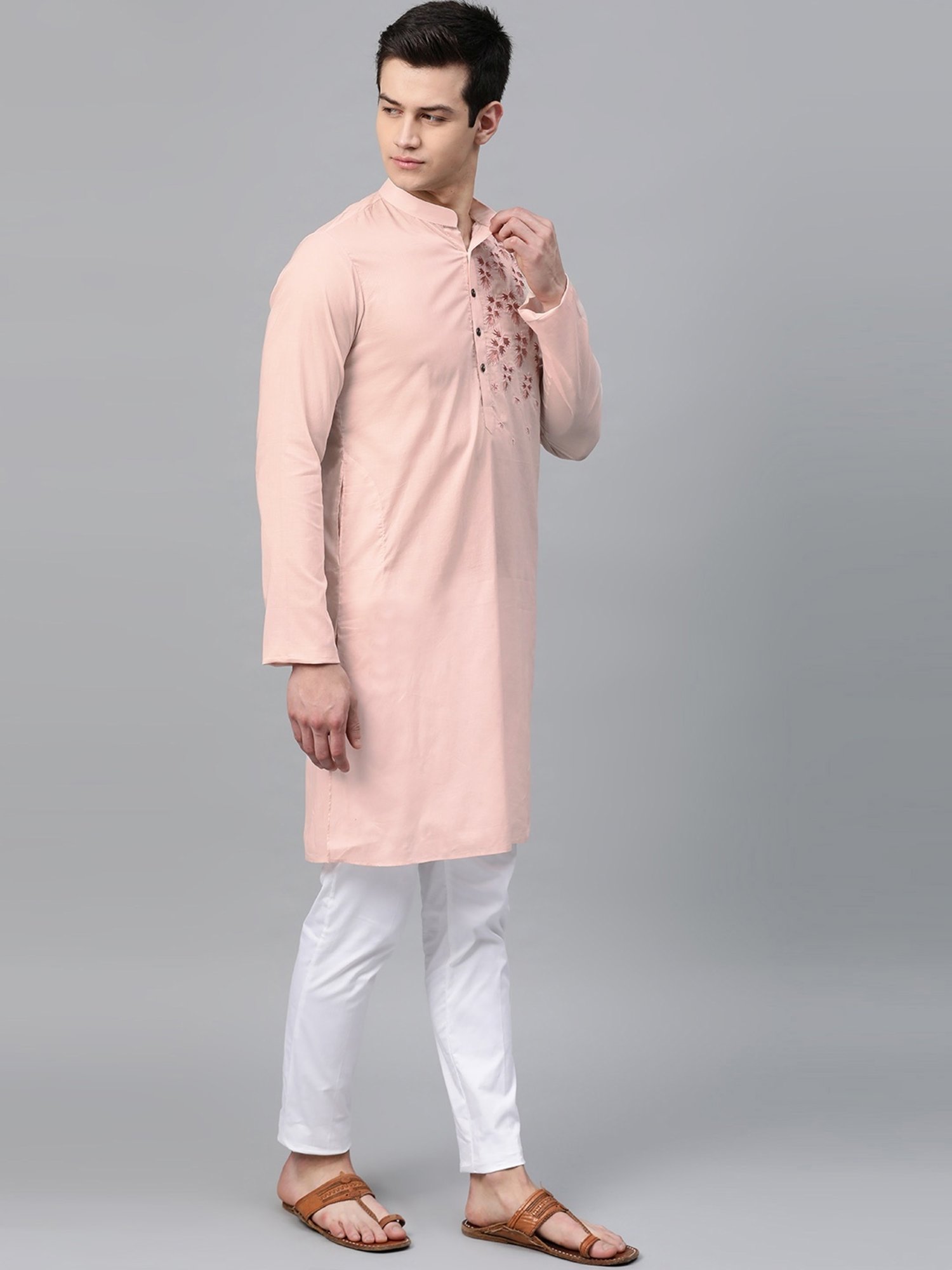 See Designs Pink & White Cotton Regular Fit Embroidered Kurta Bottom Set
