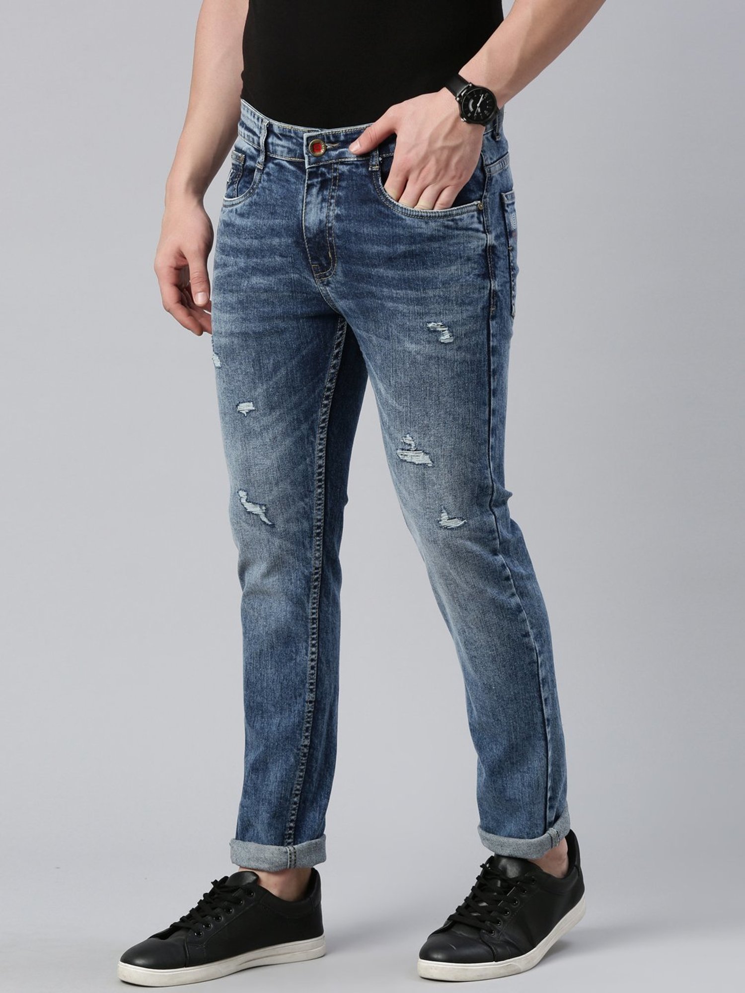 CINOCCI Blue Cotton Slim Fit Distressed Jeans