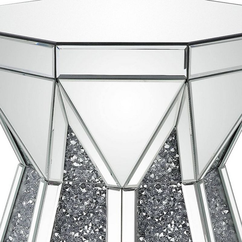 Multiple Faceted Mirrored End Table with Faux Diamonds Silver - Benzara
