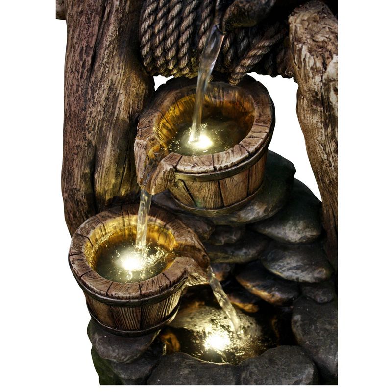 20" 2 Buckets Tiered Well Fountain with Pouring Pail and LED Lights Brown - Hi-Line Gift