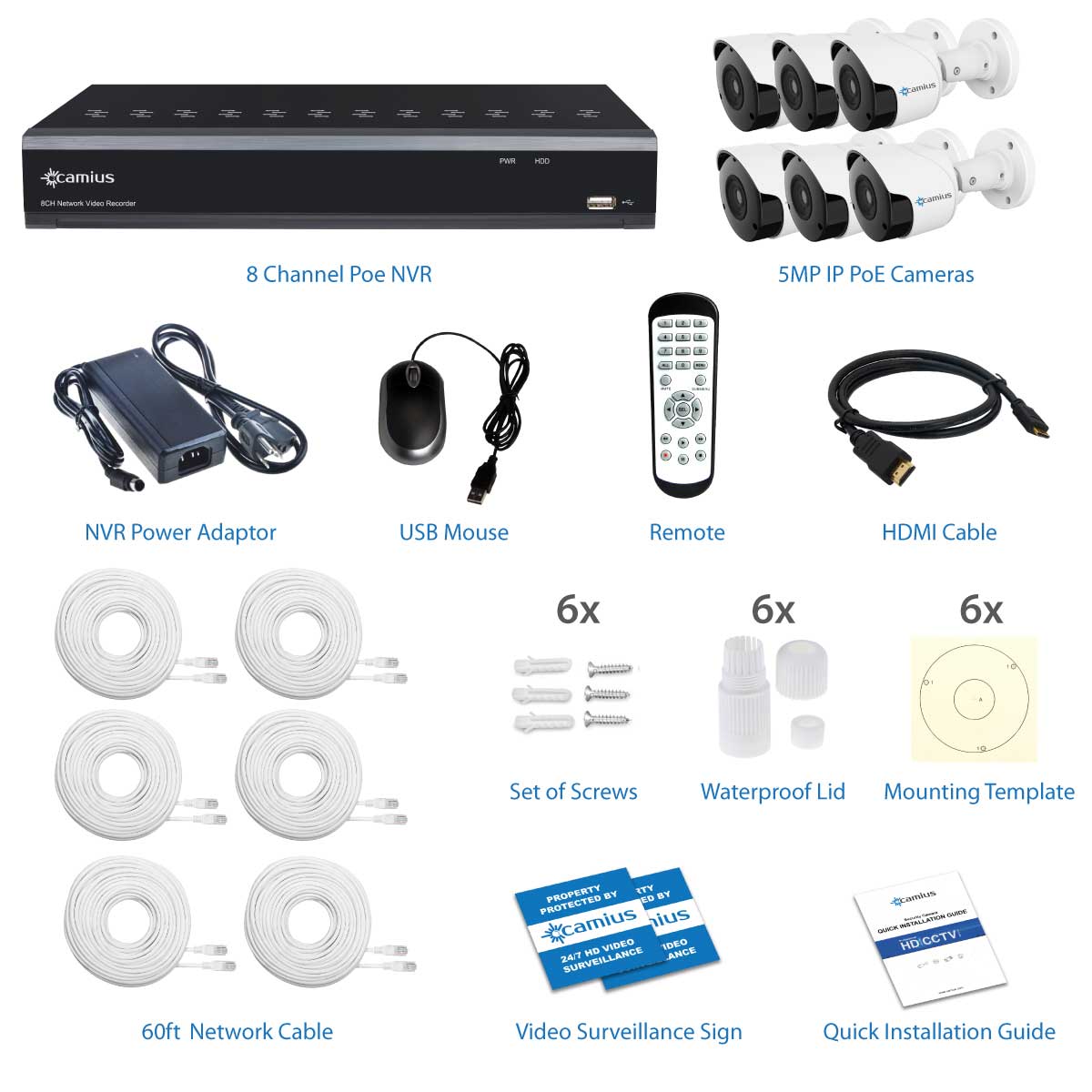 Camius 4K 8 Channel NVR PoE Security System with 3TB HDD, 6 x 5MP Outdoor Audio Video Surveillance IP PoE Ethernet Bullet Cameras, Mac, PC software, Browser viewer, phone app 8P6B3T