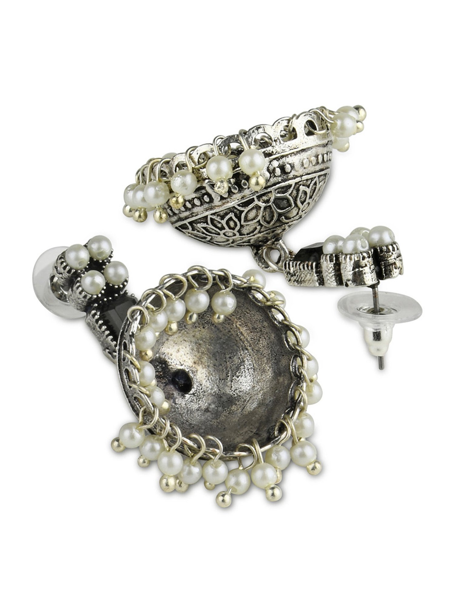 Fida Black Stone Dome Black and Pearl White Jhumki Earrings