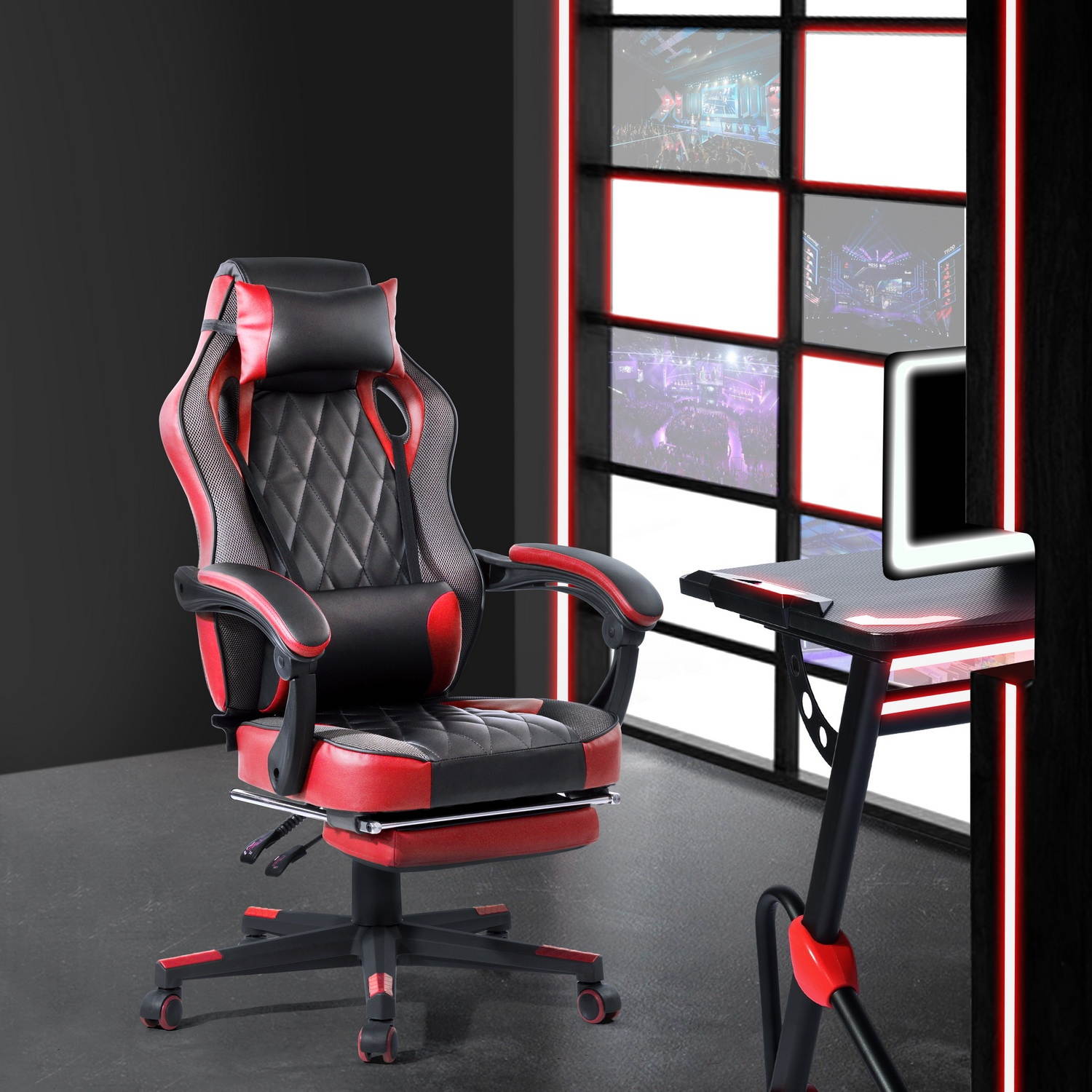 FurnitureR Gaming Chair Ergonomic High Back Computer Chair with Height Adjustment, Footrest and Headrest, Red