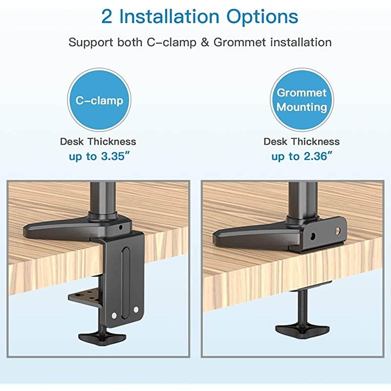 Dual Monitor Mount Stand - Aluminum Gas Spring Arm Height Adjustable Monitor Desk Mount VESA Bracket for Two 17 to 32 Inch Flat / Curved LCD Computer Screens with C Clamp, Grommet Base