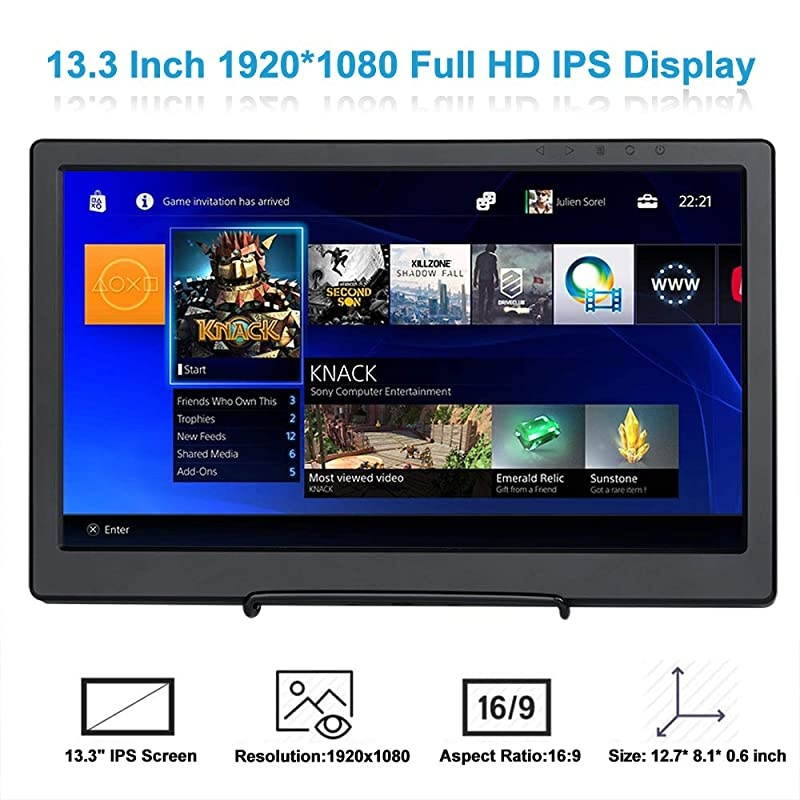 Raspberry Pi Display-Portable 2 HDMI Gaming Monitor-13.3 Inch, 1920x1080-For PS4, Raspberry Pi, WiiU, Xbox 360, Windows 7/8/10