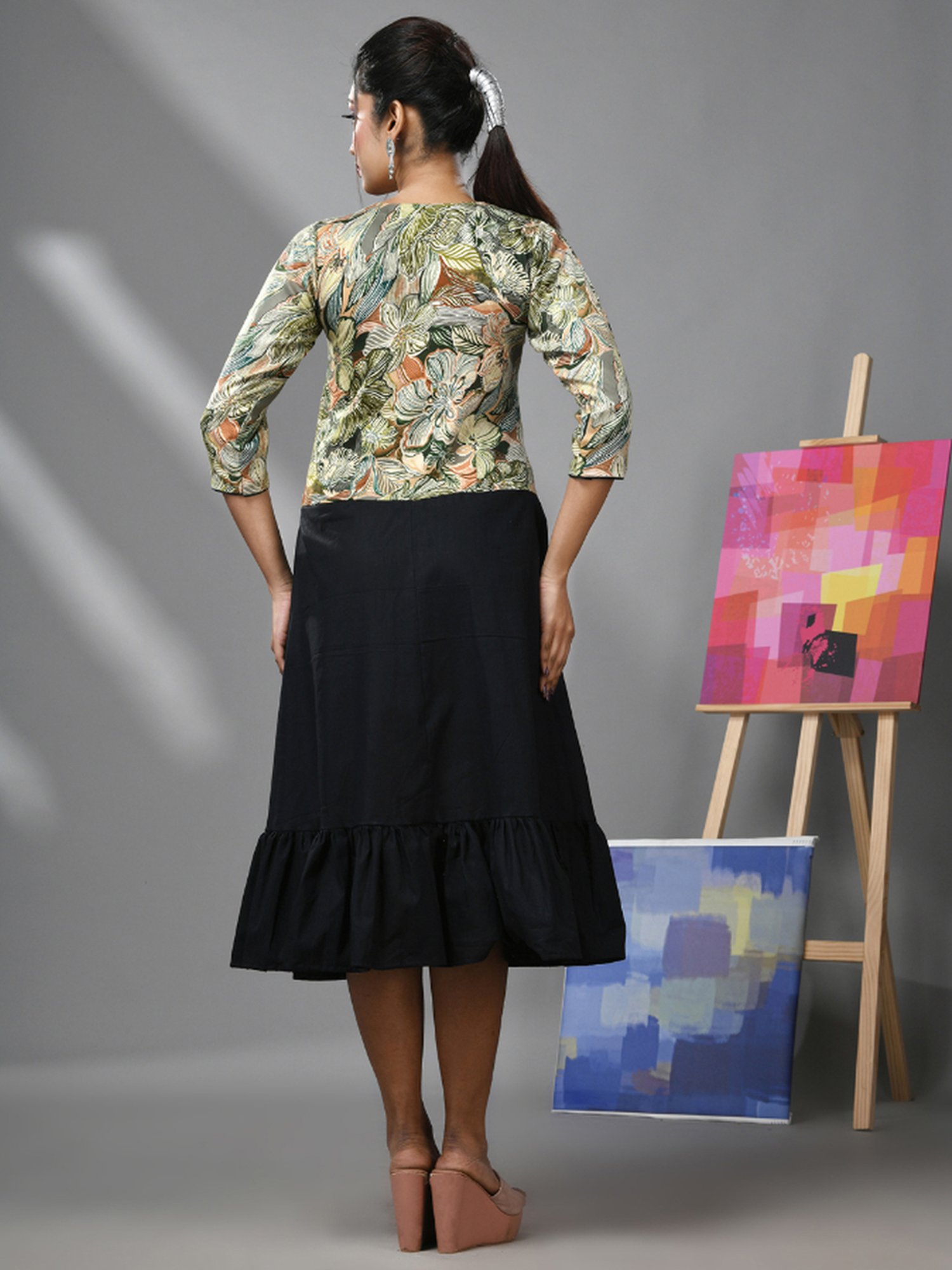 CHARUKRITI Black Cotton Printed A-Line Dress With Jacket