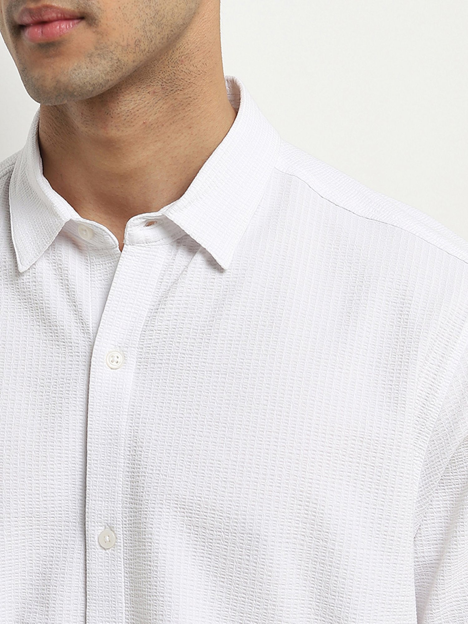Ascot by Westside White Textured Relaxed-Fit Shirt