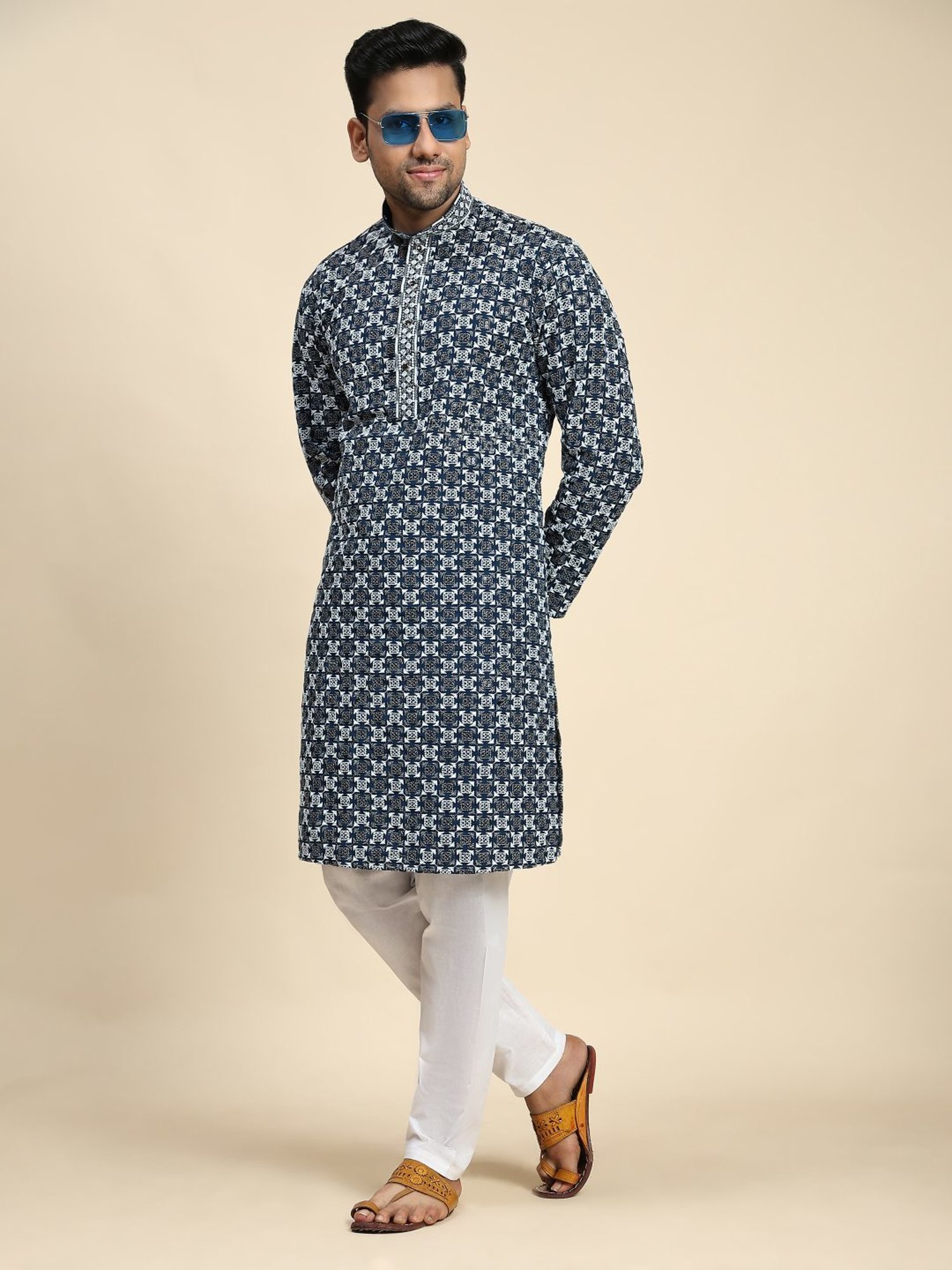 Pro-Ethic Style Developer Blue & White Cotton Regular Fit Embellished Kurta Bottom Set