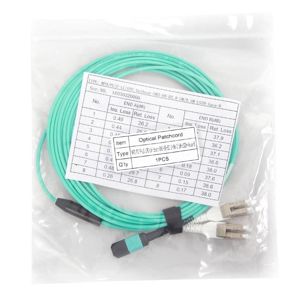 MPO to 8xLC Fiber Optic Fanout Patch Cord, 5-Meter, OM3 Multimode Uniboot, QSFP+ Transceiver Application