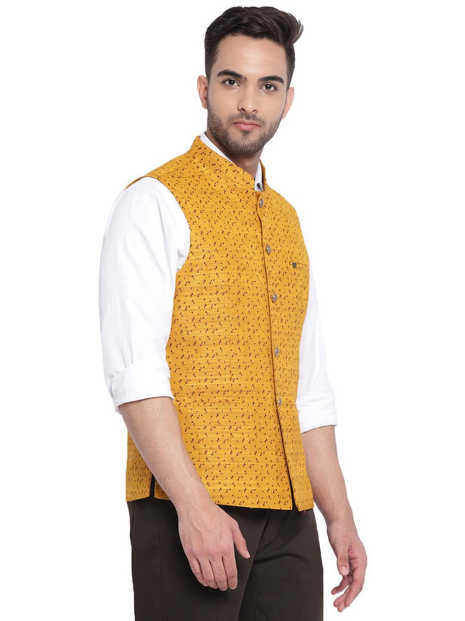 Turtle Yellow Cotton Slim Fit Printed Nehru Jacket