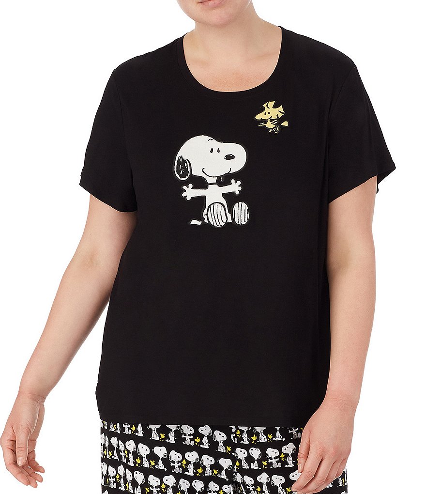 Peanuts Plus Snoopy & Woodstock Appliqued Solid Jersey Knit Coordinating Sleep Tee