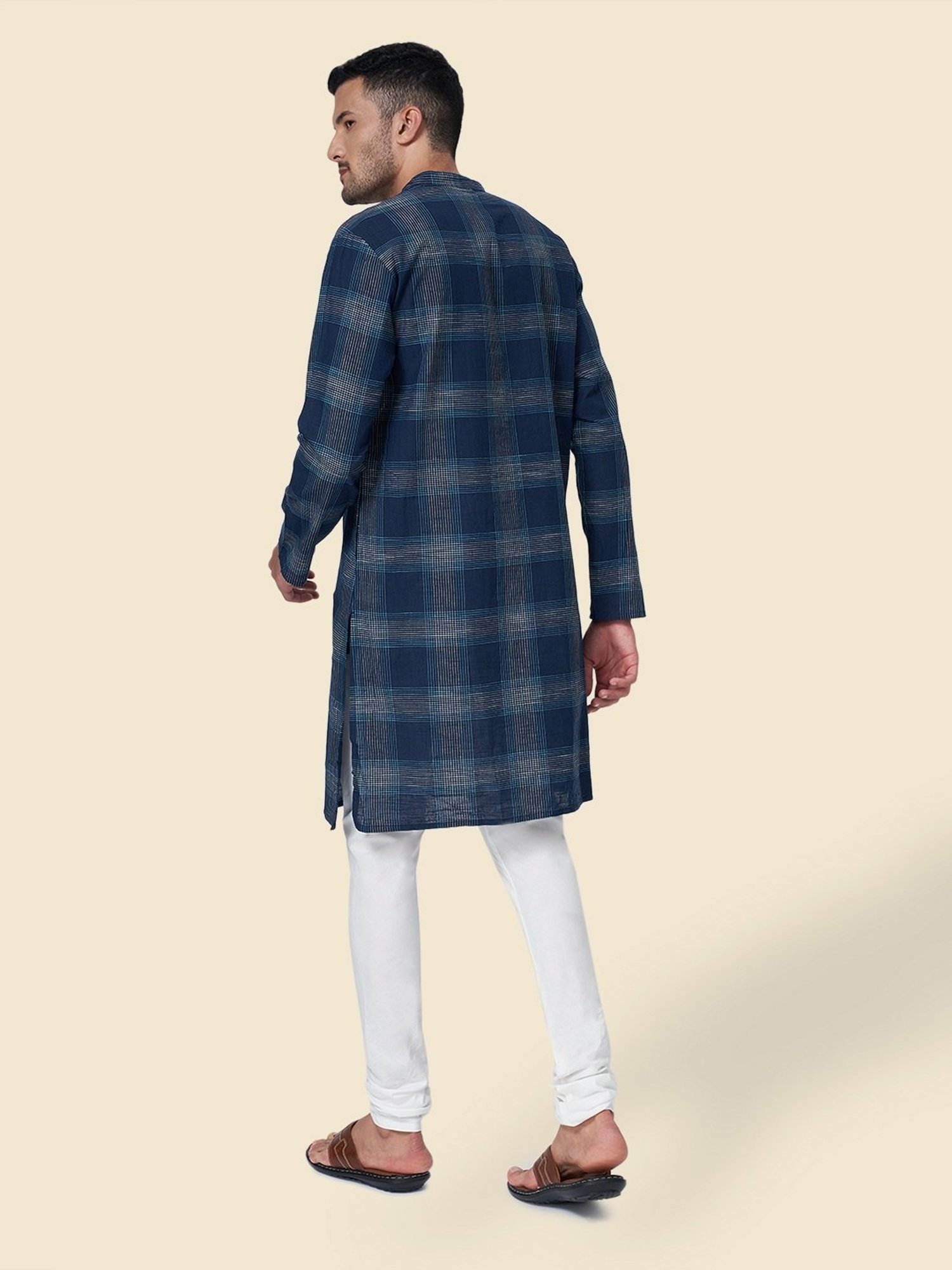 Indus Route by Pantaloons Indigo Blue Cotton Regular Fit Checks Kurta