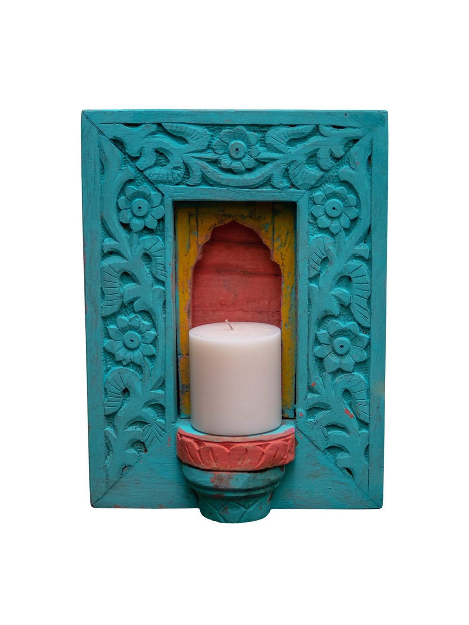 Ambi Wooden Medium Jharoka With Candle Space In Cyan