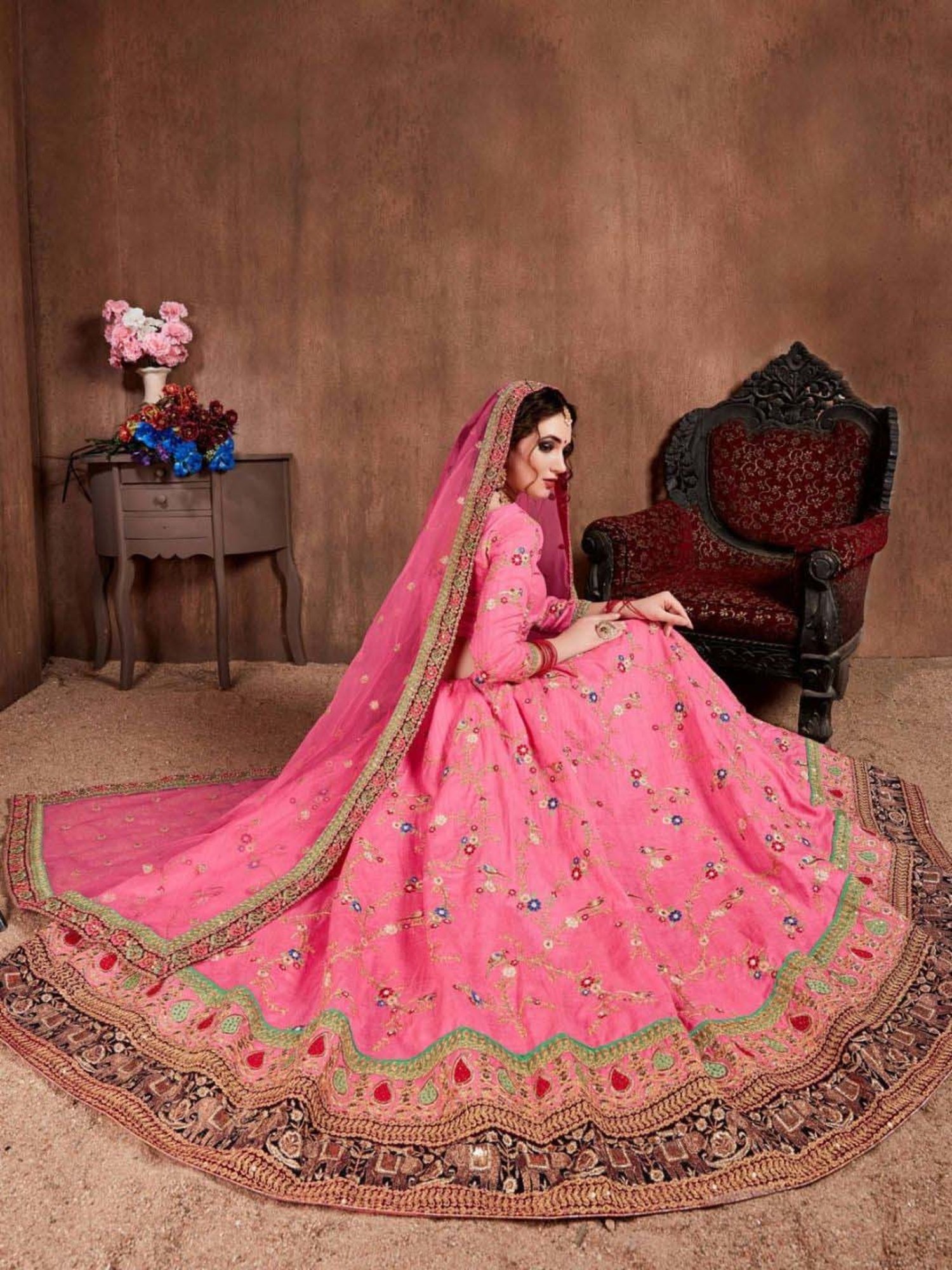 Odette Pink Embroidered Lehenga Choli Set With 2 Pack of Dupatta