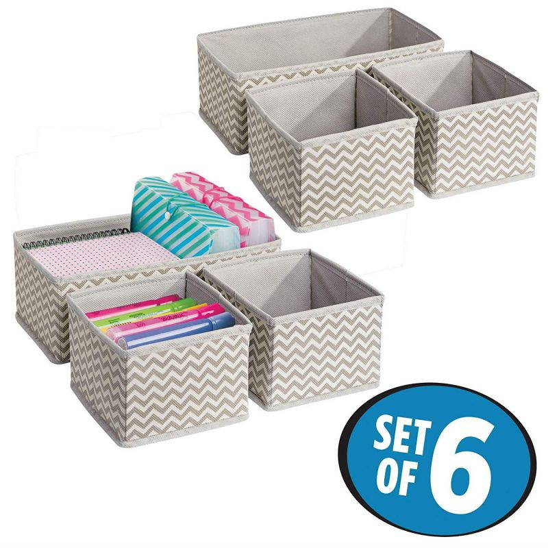 mDesign Chevron Fabric Desk Drawer Storage Organizer for Office Supplies, Highlighters, Pens, Notepads, Scissors, Tape - Set of 6, Taupe/Natural
