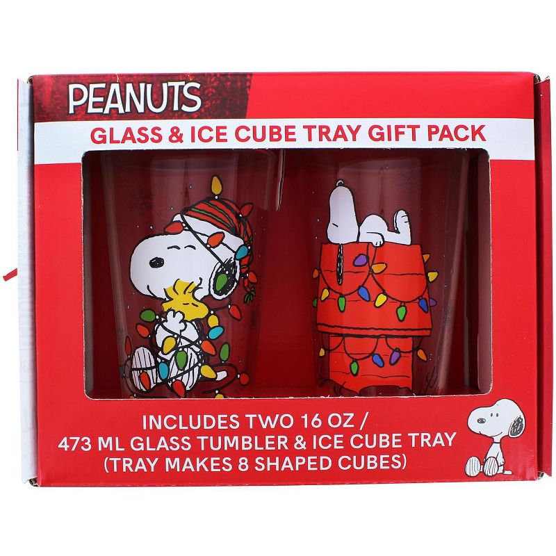 Silver Buffalo Peanuts Holiday Snoopy 16oz Pint Glasses with Ice Tray Set