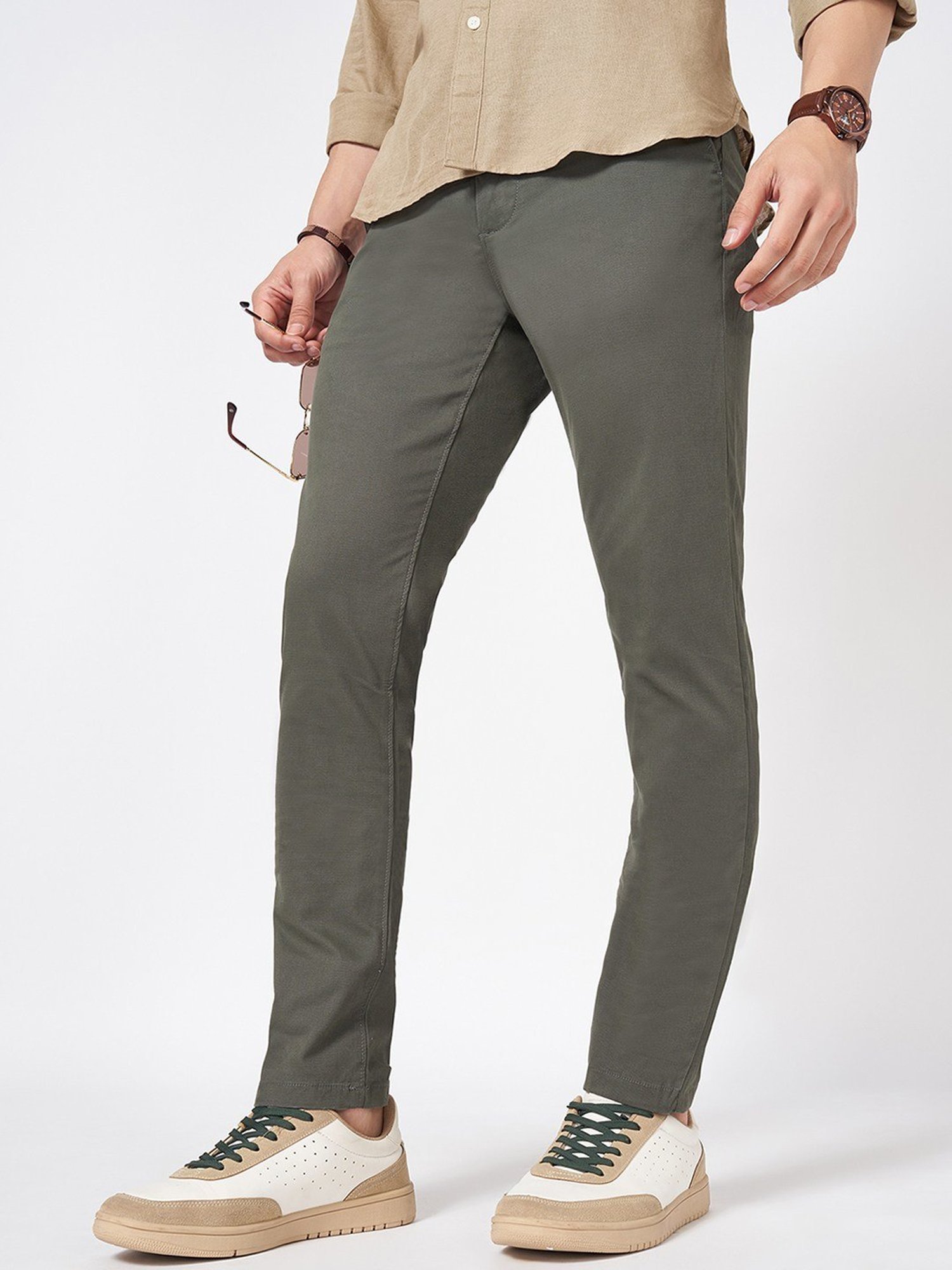 Byford By Pantaloons Green Cotton Slim Fit Texture Trousers