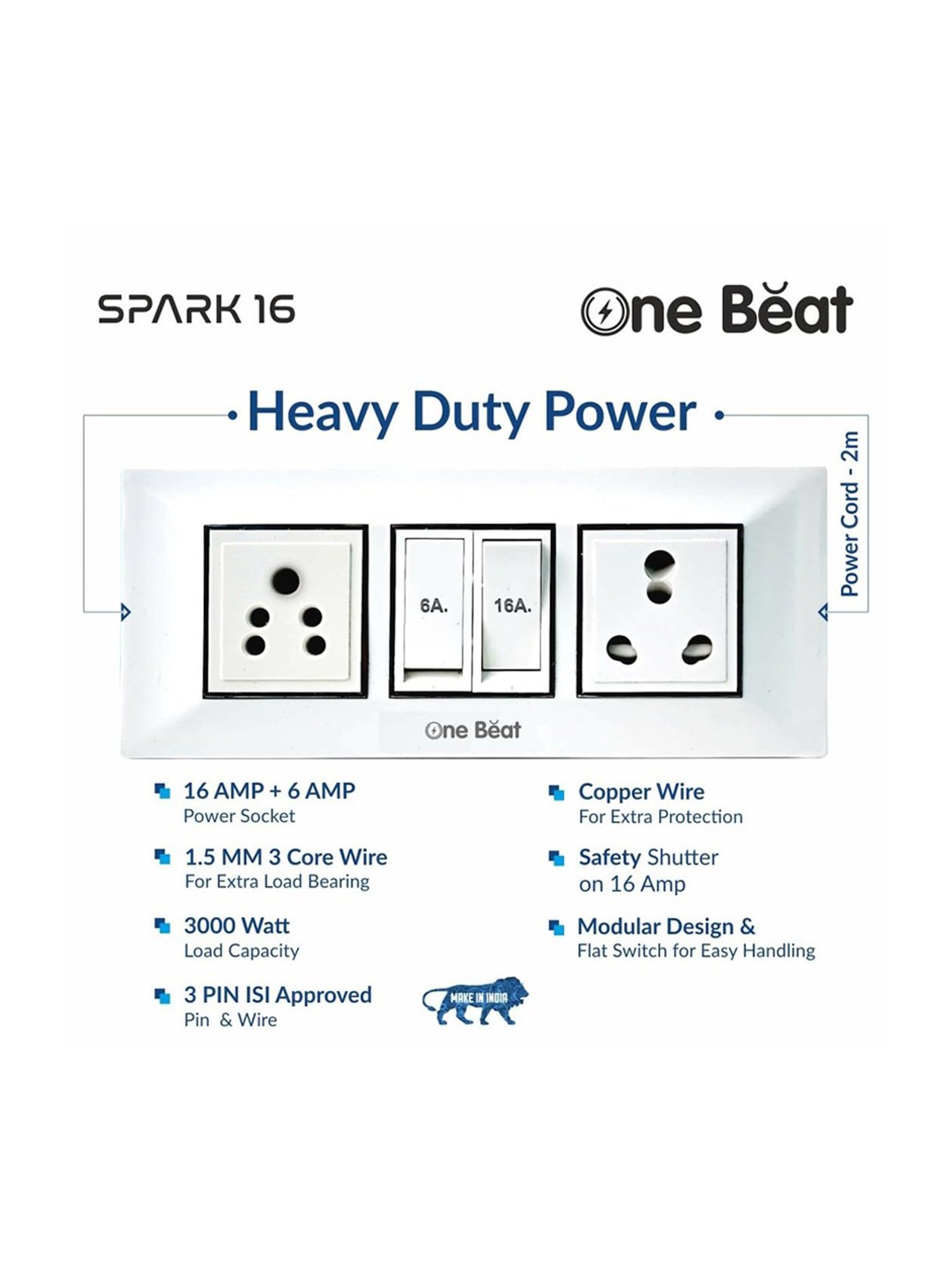 One Beat Extension Board with 2 Socket, One 6A & One 16A Socket with 2 Meter Power Cord (White)