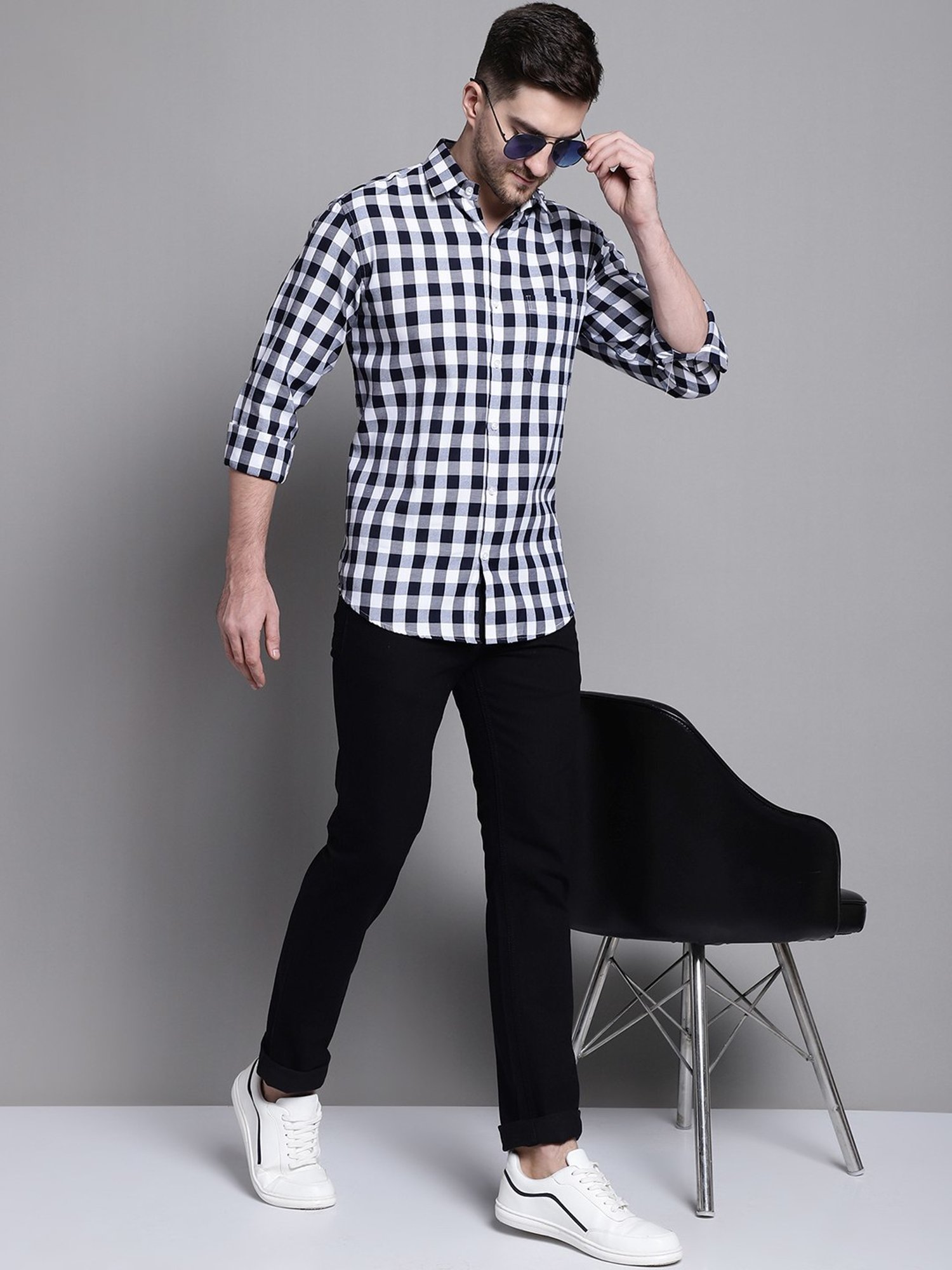 Jainish Navy Cotton Regular Fit Checks Shirt