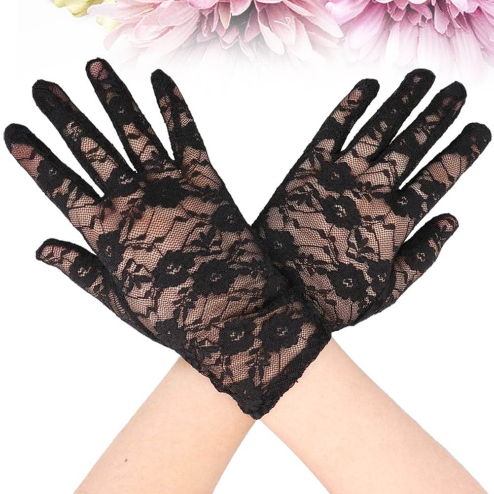 1 Pair of Summer Short Lace Gloves UV Protection Full Finger Gloves Outdoor Driving Gloves Prom Party Driving Wedding Gloves  (Black)
