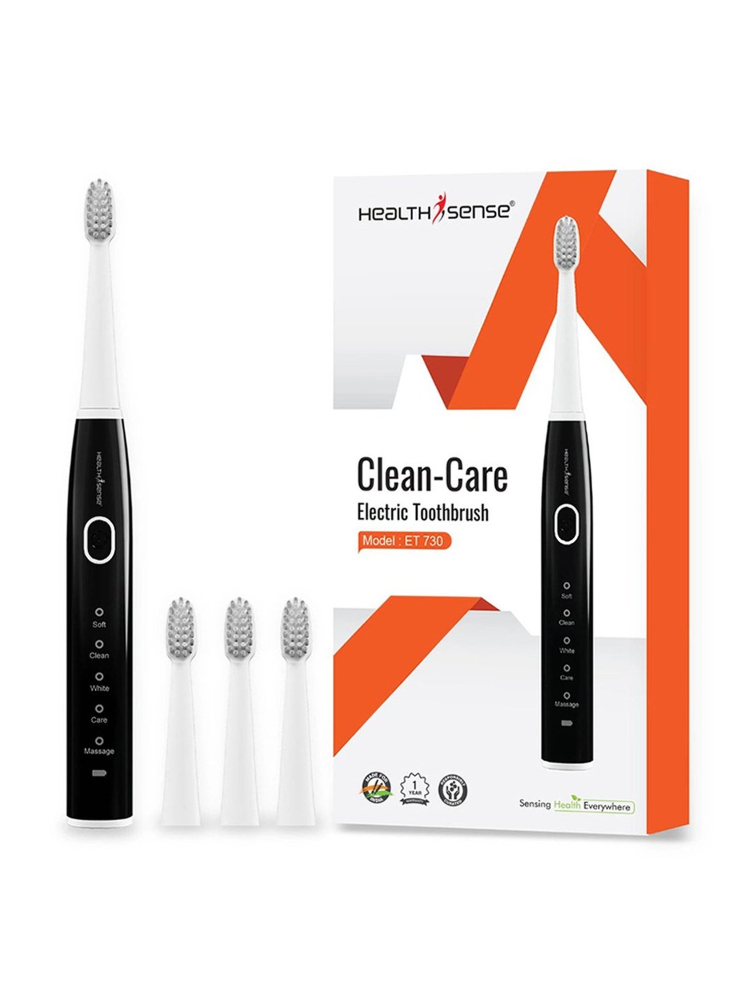 HealthSense Electric Toothbrush Rechargeable Sonic Brush for Adult, 4 Brush Heads (Black & White)
