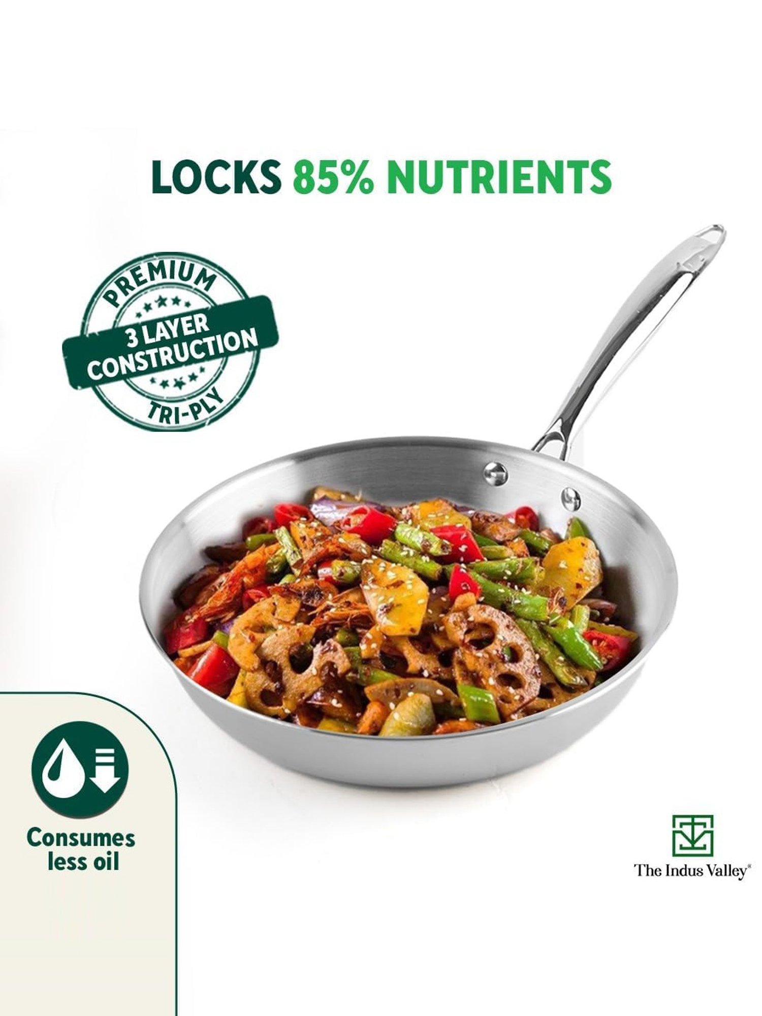 The Indus Valley Silver Stainless Steel Fry Pan with Wooden Flip (1.9 L)